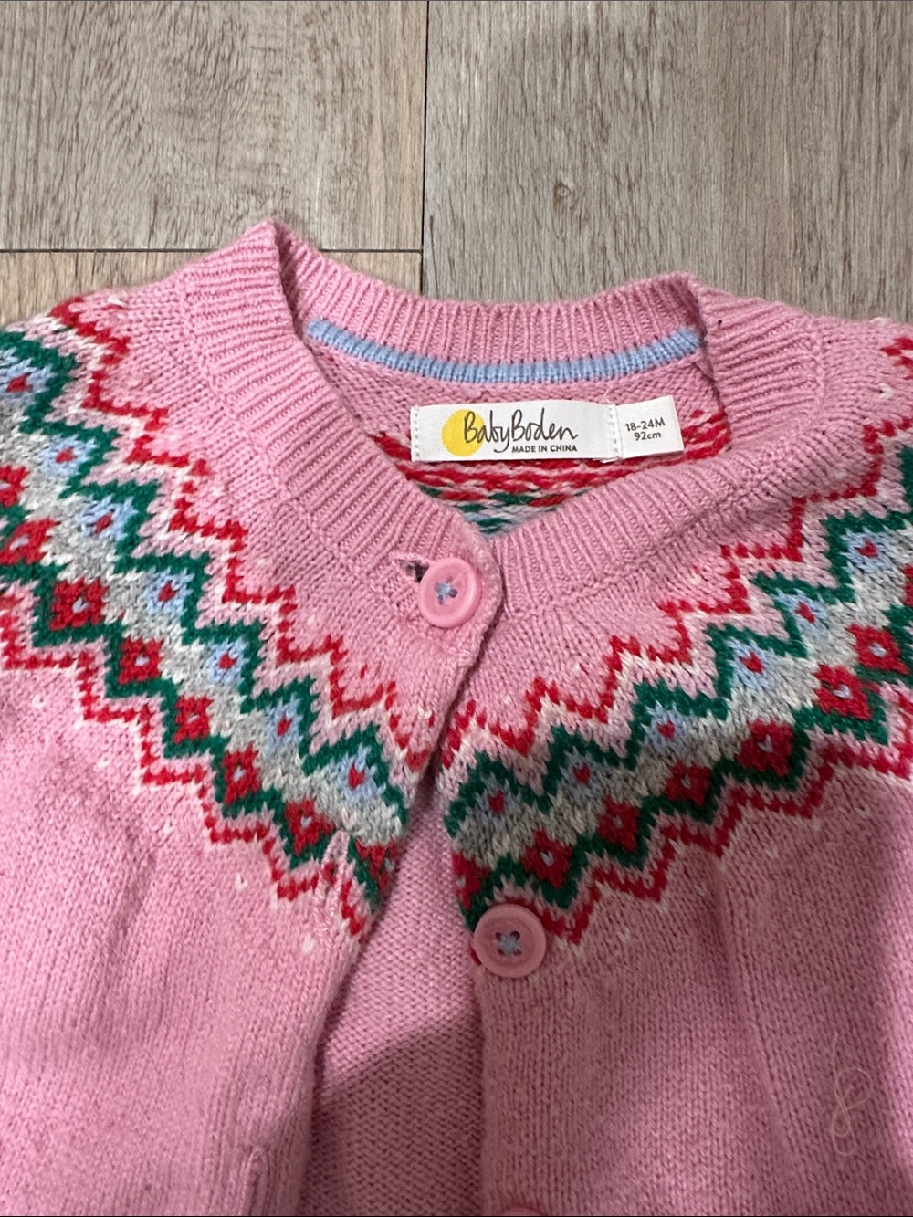 Baby Boden Pink Knit Cardigan with Colorful Fair Isle Yoke and Robin Pockets - Picture 3 of 6